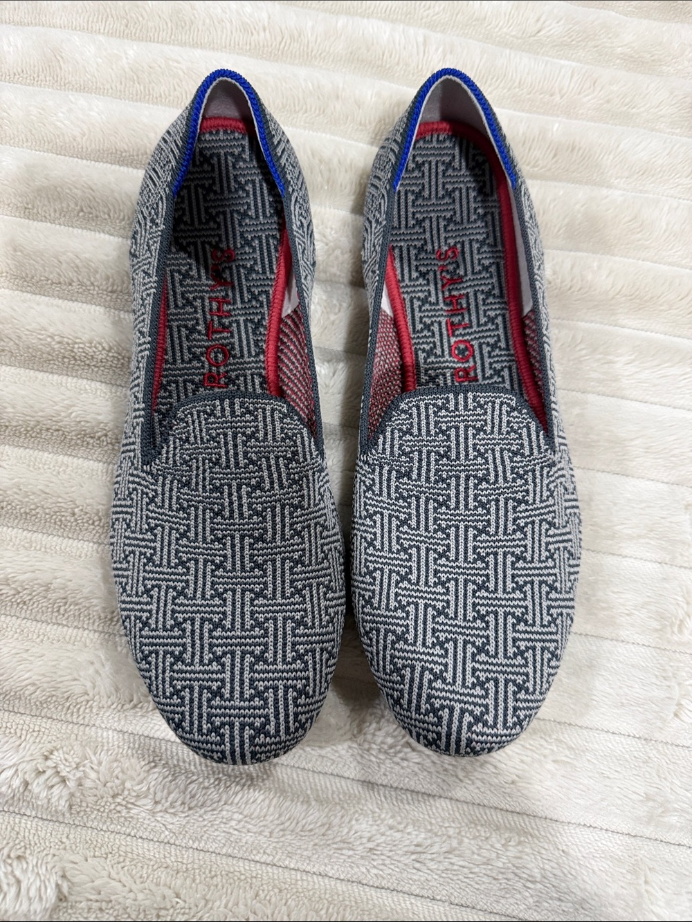 Rothy's Black & White Woven Slip-On Loafers with Blue Heel Trim